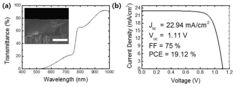 (a) 500 nm Cs-perovskite 박막의 투과도 측정, (b) 광전변환효율 측정을 위한 J-V 곡선 분석