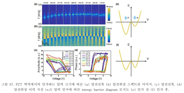 PZT 박막에서의 인가하는 압력 크기에 따른 (a) 압전진폭 (b) 압전위상 스펙트럼 이미지. (c) 압전진폭, (d) 압전위상 이력 곡선 (e,f) 압력 인가에 따른 energy barrier diagram 모식도 (e) 인가 전 (f) 인가 후.