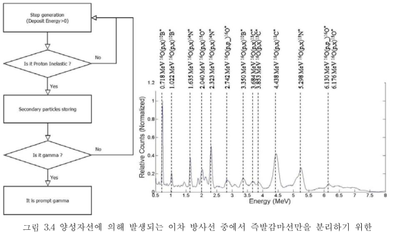 양성자선에 의해 발생되는 이차 방사선 중에서 즉발감마선만을 분리하기 위한 알고리즘(좌) 및 개발된 즉발감마선 분리 알고리즘을 적용하여 분리해낸 즉발감마선의 에너지 스펙트럼과 이론적인 즉발감마선의 에너지.