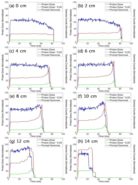 물팬텀에 전달된 양성자 빔의 선량률과 물팬텀 내에서 즉발감마선의 시간적 발생 분포.
