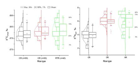 Variation C/N isotope ratios in organic, pesticide-free, and conventional rice