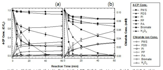 영가철 (a)와 탄소나노튜브 (b)의 4-CP 분해율 및 chloride 음이온 생성효율 비교