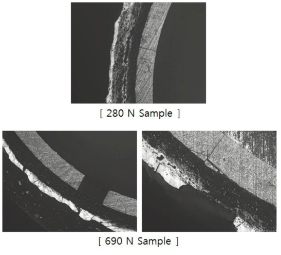 Cross-sectional image of untreated triplex SiC composite cladding after hoop strength measurements test.
