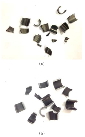 Monolith SiC tube samples after thermal shock tests from 1200℃ to RT: (a) CVD SiC and (b) Hexoloy SiC.