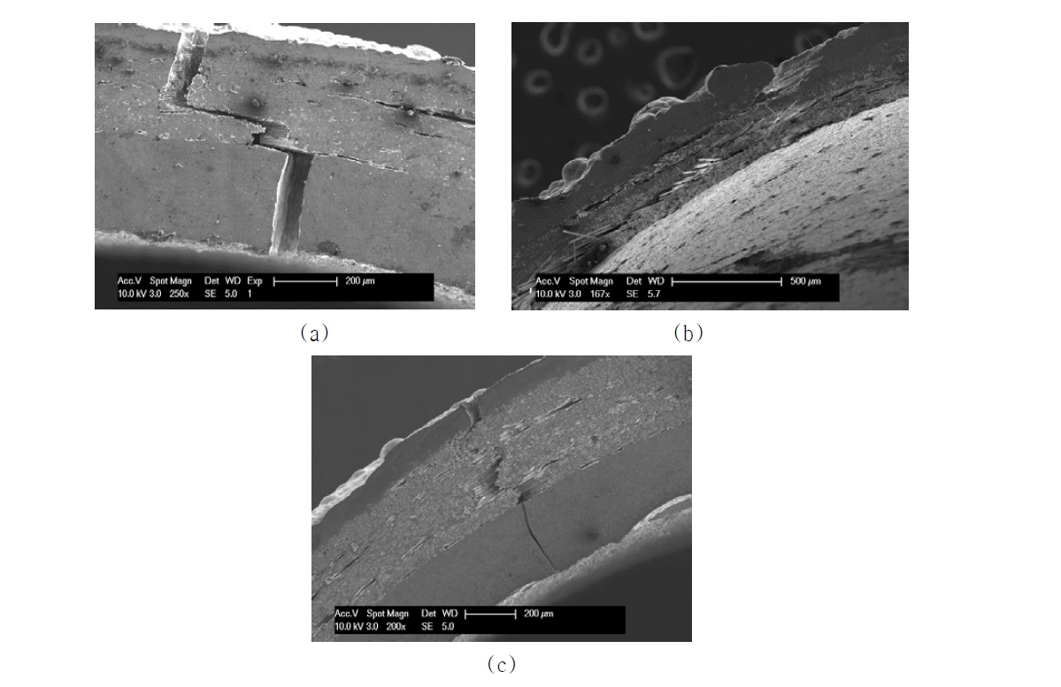 Microstructure of thermal shocked triplex SiC composite tubes after hoop test:(a) Tyranno without PyC, (b) Tyranno with PyC, and (c) Cef-NITE with PyC.