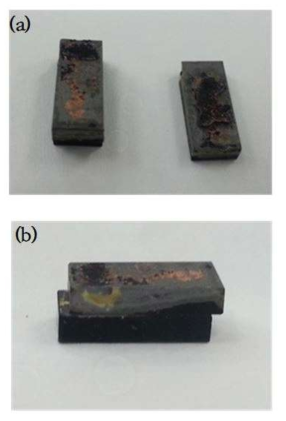 Appearance of SiC joint samples after a corrosion test showing the interlayer of (a) TiCuNi and (b) Cu-ABA.