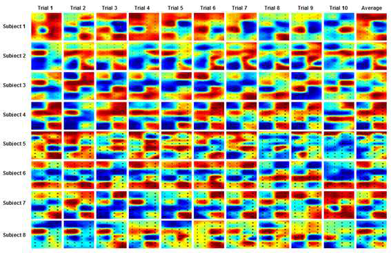 활성화 지도(악수): 각 시행 및 모든 8 명의 실험대상자에 대한 악수 실험에서 좌측감각피질의 활성화 맵