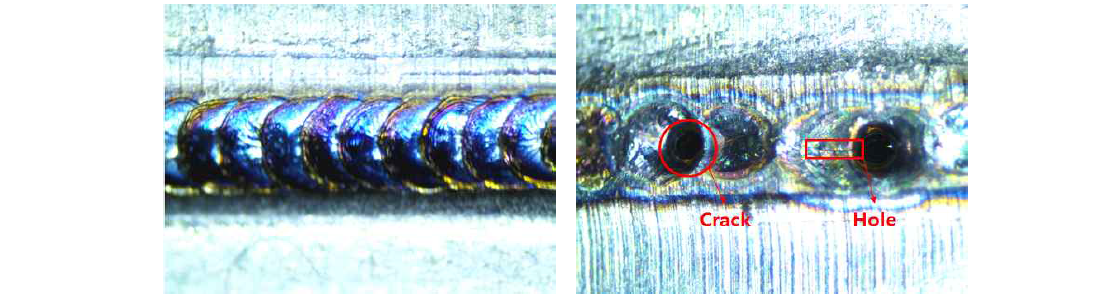 잘못된 용접 조건에 의한 변색, 크렉, 구멍