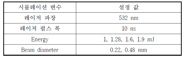 Single shot 조건에서 수행한 시뮬레이션 변수와 설정 값