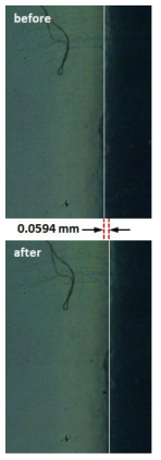 초고속 카메라를 이용한 레이저에 의한 물리적 변위 측정; agar gel(상:레이저 조사전, 하: 레이저 조사 후