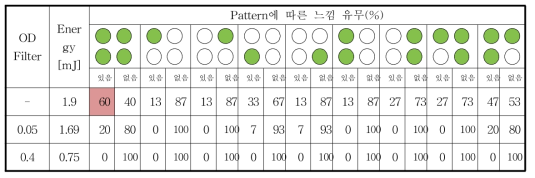 빔 직경 0.55mm 일 때 피험자 응답 결과