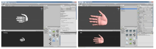 개발 프로그래밍 화면(좌)과 렌더링(rendering) 작업 후 가상 손의 3차원 구현 화면(우)