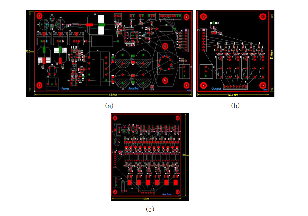 인쇄회로기판 설계 배치도; (a) 전원부와 신호증폭 보드 (b) 릴레이 방식의 출 보드 (c) 전자 스위치 방식의 출력 보드