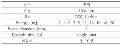 M-nano 레이저 1064nm 파장 실험에 사용된 변수 및 범위