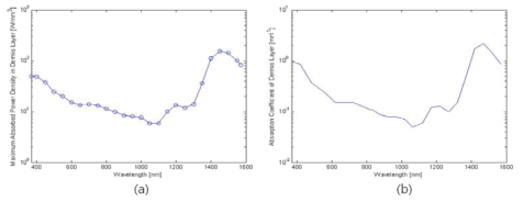(a) 진피에서의 파장에 따른 흡수파워밀도(로그 스케일), (b) 진피의 파장에 따른 흡수계수 변화