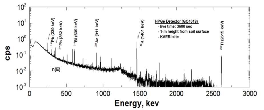 HPGe 검출기를 이용한 지상 1 m 높이에서의 에너지스펙트럼