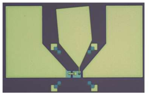 전기적 커플링에 의한 동기화를 위해 설계된 coplanar waveguide 패턴.