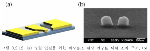 (a) 병렬 연결을 위한 위상동조 현상 연구를 위한 소자 구조, (b) 두 개의 병렬 구조를 갖는 소자의 SEM 사진.