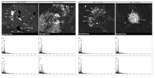 U-Th 함유 광물들의 BSE 이미지와 EDS 피크
