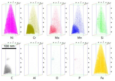 Atomic maps of various solutes in unirradiated specimen including a carbide.