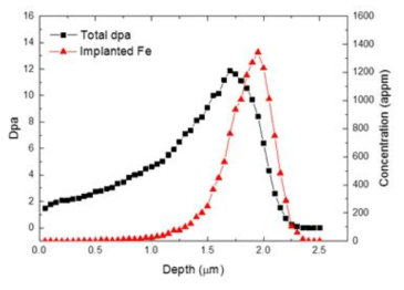 SRIM code로 계산된 dpa와 주입된 Fe 농도 분포.