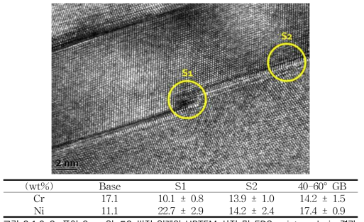 폭이 8 nm인 Σ3 쌍정 입계의 HRTEM 사진 및 EDS point-analysis 결과.