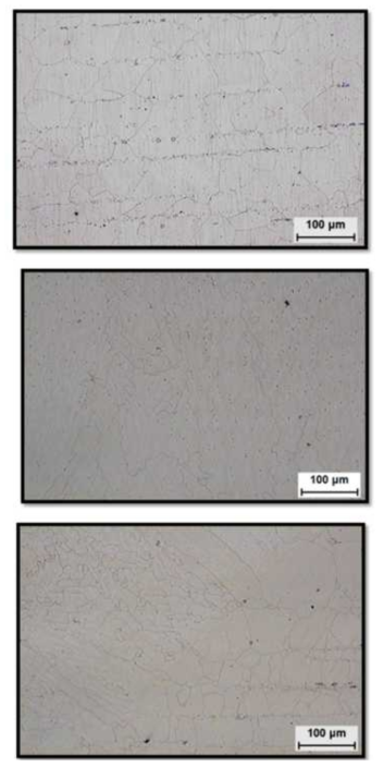 모재(상), 용접재(중) 및 HAZ(하)의 미세조직