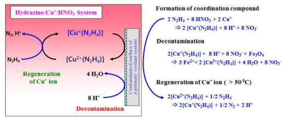 Schematic procedure and mechanisms of multi-step(oxidation and reduction) decontamination process involved in the magnetite dissolution.