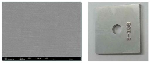 (a) SEM image of stainless steel surface (X 500) after dissolution test and (b) photograph of stain steel specimen.