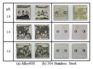 Effect of pH on surface appearance of Inconel-600 and 304 SS crevice-corroded in