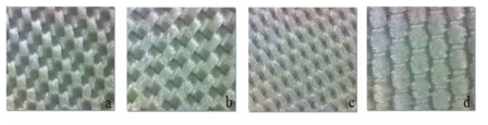 Filtering bleb for tests, (a) PP900D, (b) PP1800D, (c) PP450D and (d) PP plain double weave, 60X.