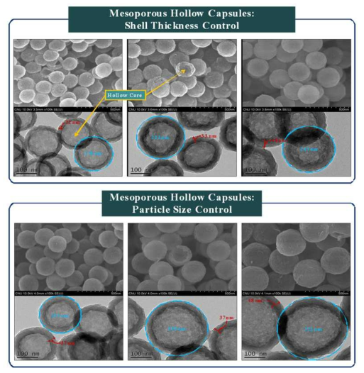 SEM and TEM images of mesoporous hollow capsules with various sizes and mesoporous shell thickness