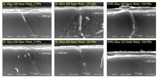 SEM cross sectional views of surface oxide layers on the Alloy 600/182 and Alloy 690/152 welds