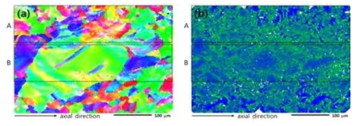 (a) IPF image and (b) KAM map measured from 20% cold-rolled Alloy 690 with carbide band (x300)