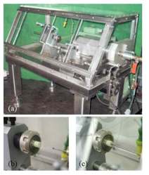 Conventional drilling machine for fuel pellets (a) Horizontal drilling machine for a fuel pellet (previous studies) (b) Diamond drill bit for small depth (c) Diamond drill bit for large depth