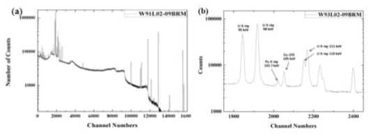 (a) W93L02-09BRM Pulse height spectrum, (b) 103.7 keV Pu K-shell X-ray peak.