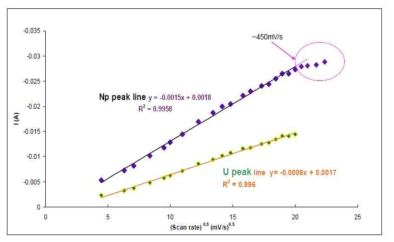 Uranium and Neptunium cathodic peak currents as a function of scan rate1/2.