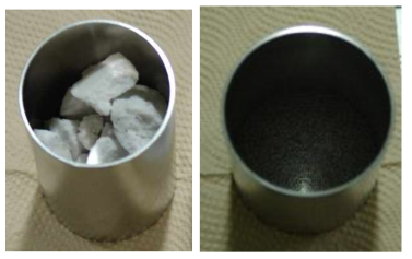 Photographs of salt and steel ball in crucibles.