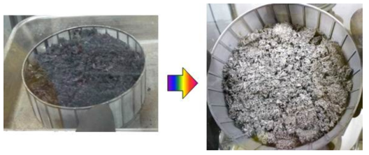 Photograph of uranium deposits before and after salt distillation.