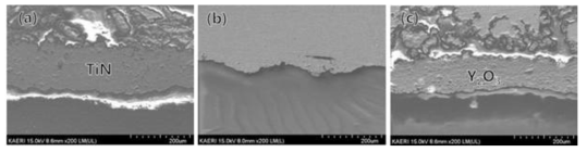 Cross-sectional SEM images of ZrN, TiN and Y2O3 coated sample after reaction test