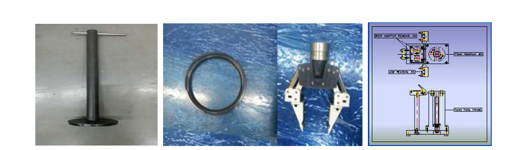 (left) Apparatus for clamp insertion and remove, (middle) A new clamp and tung, (right) A remote exchange tool for tung, adaptor and etc