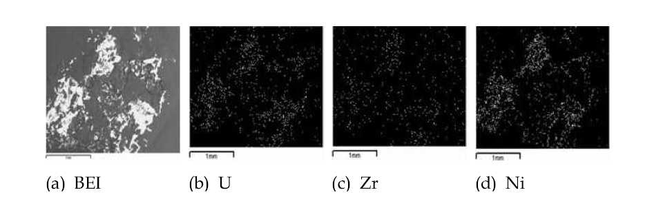 Back-scattering electron image (BEI) and area mapping of U, Zr, Ni for a melt of U-Zr fuel with nickel basket