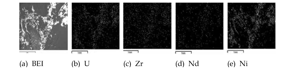 Back-scattering electron image (BEI) and area mapping of U, Zr, Nd, Ni for a melt of U-Zr-RE fuel with nickel basket