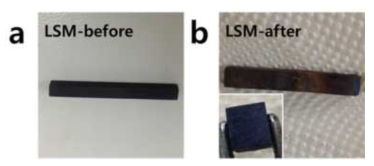 La0.33Sr0.67MnO3 anodes (a) before and (b) after the reaction (inset: cross-section).