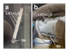 Physical separation of LiCl-Li2O electrolyte and Sb anode (a) during and (b) after melting