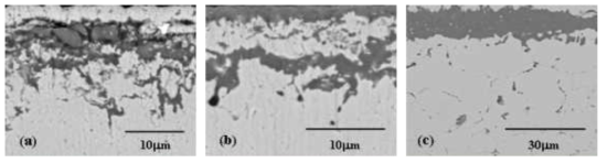 Cross-sectional SEM images of Inconel 600 (a) 650℃, (b) 750℃, and (c) 850℃ corroded for 72 h.