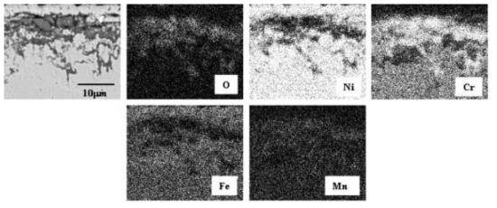 Cross-sectional microstructure and maps of Cr, Ni, O, Mn and Fe for Inconel 600 corroded at 650℃ for 72 h.