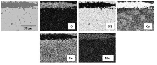 Cross-sectional microstructure and maps of Cr, Ni, O, Mn and Fe for Inconel 600 corroded at 850℃ for 72 h.