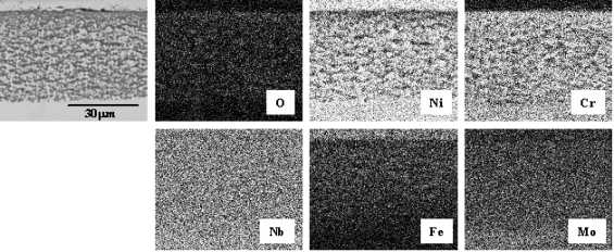 Cross-sectional microstructure and maps of Cr, Ni, O, Fe, Nb and Mo for Inconel 625 corroded at 650℃ for 72 h.