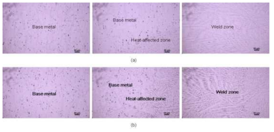 Cross-sectional SEM microstructures of weldment after etching of welded Inconel 625 specimen: (a) not post-heat treatment, (b) post-heat treatment